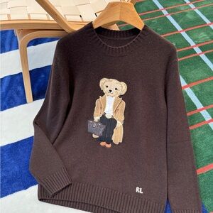 Women's Ralph Lauren Dark Brown Teddy Bear Embroidered Crewneck Sweater 🐻